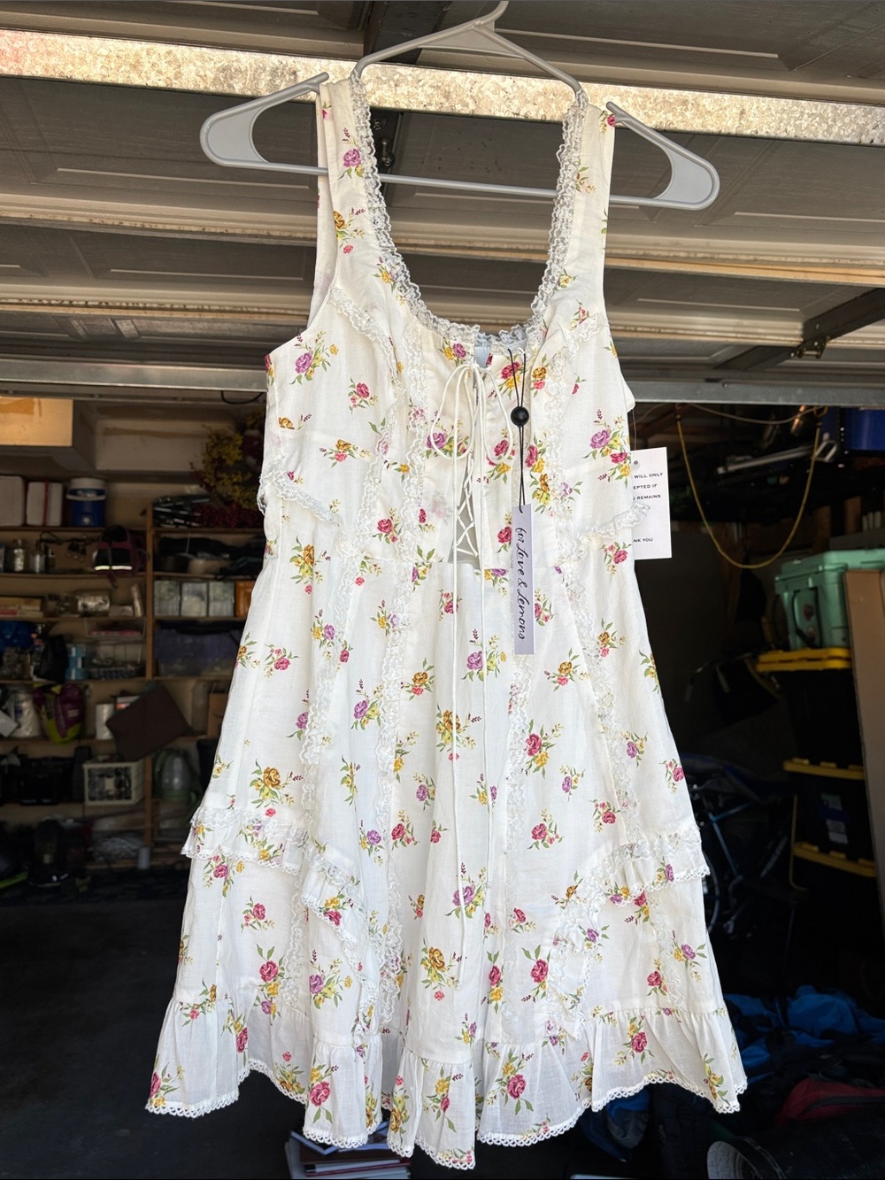 For Love & Lemons White Floral Tiered Sundress with Pink and Yellow Roses
